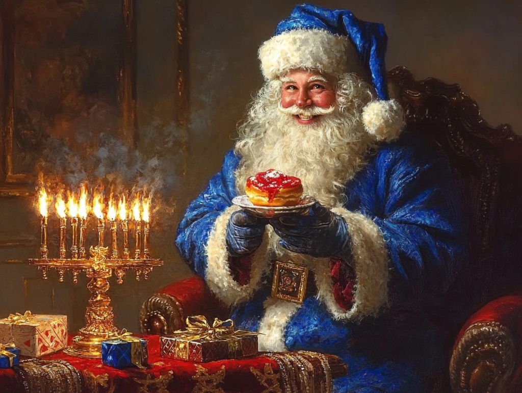 Santa Claus dressed in blue next to a menorah and holding a jelly doughnut