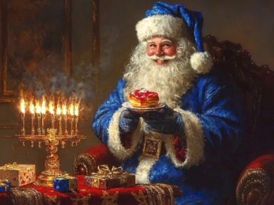 Santa Claus dressed in blue next to a menorah and holding a jelly doughnut
