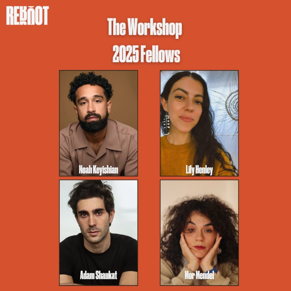 orange background with four people