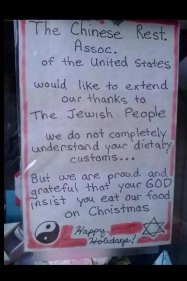 Chinese food sign about jews and Christmas