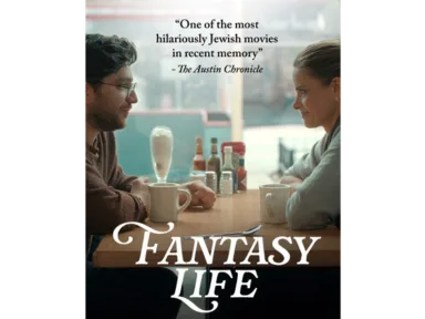 Actors Matthew Shear and Amanda Peet sitting at a soda shop talking in Fantasy Life film scene