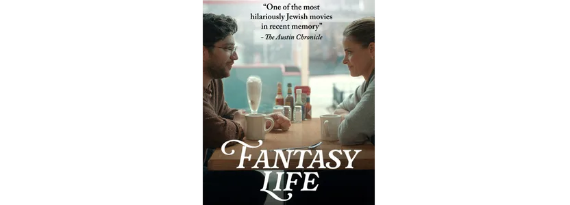 Actors Matthew Shear and Amanda Peet sitting at a soda shop talking in Fantasy Life film scene